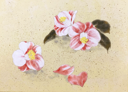 Fallen camellia flowers in Japanese painting