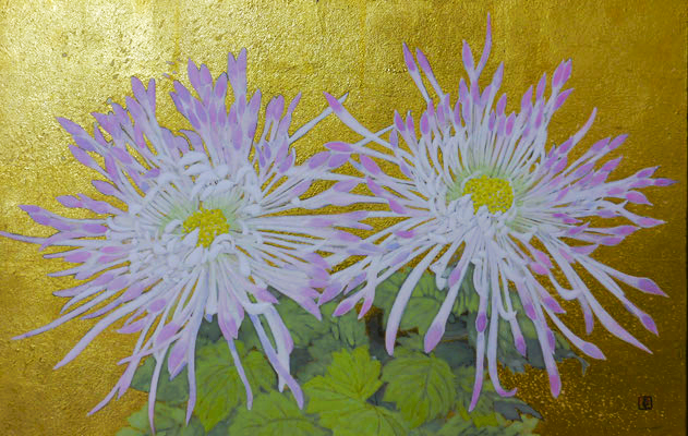 Two chrysanthemum flowers with golden background in Japanes painting