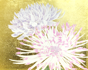 Two chrysanthemum flowers with golden background in Japanese painting