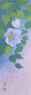 Pale blue clematis flowers in Japanese painting