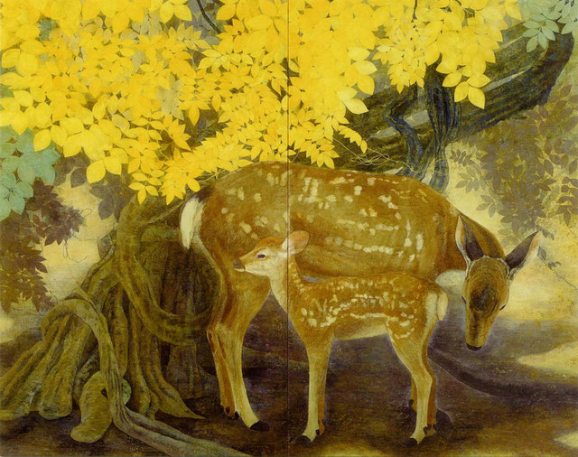 Picture of mother deer and her child  under a tree in Japanese painting