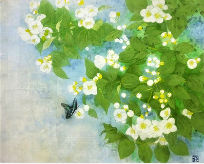 Swallowtail butterflies and flowers of mock oranges in Japanese painting