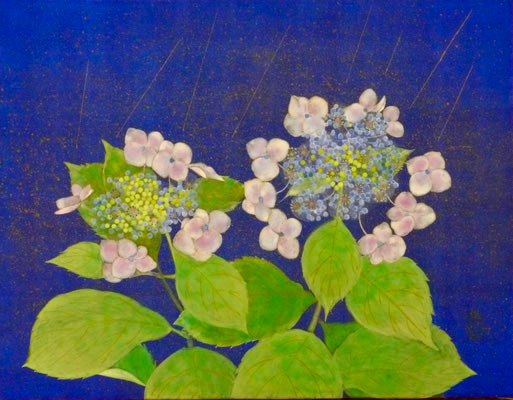 Two flowers of hydrangea in rain in Japanese painting