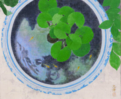 Lotus and Japanese killifish in a goldfish bowl in Japanese painting