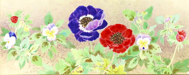 Spring flowers such as poppy and pansy in Japanese painting