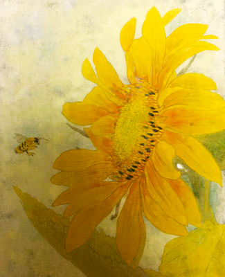 Sunflower and bee as a scene of summer in Japanese painting